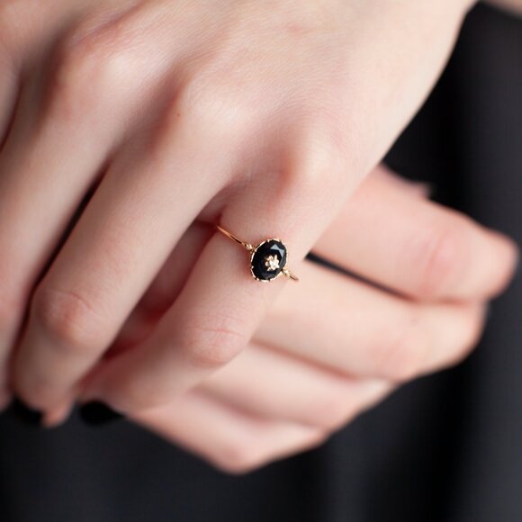 Black Agate Gold Signet Ring, Gold Vermeil Rings, Stackable Gold Ring - Picture 3 of 10